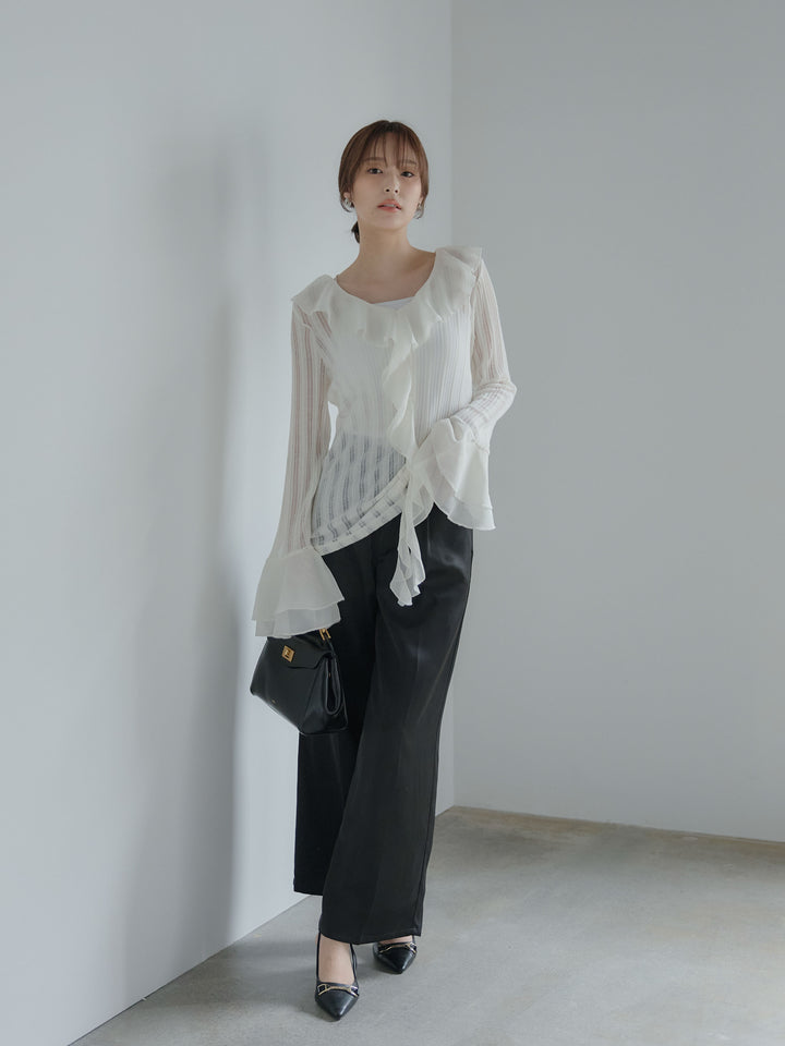 ストライプシアーラッフルトップス