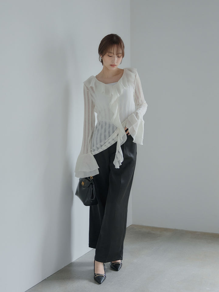 【SET】ストライプシアーラッフルトップス+【Essential】センタープレスサテンパンツ(2set)