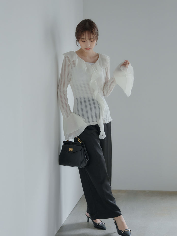 ストライプシアーラッフルトップス