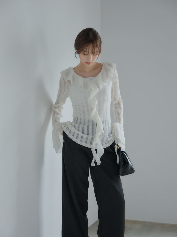 【SET】ストライプシアーラッフルトップス+【Essential】センタープレスサテンパンツ(2set)