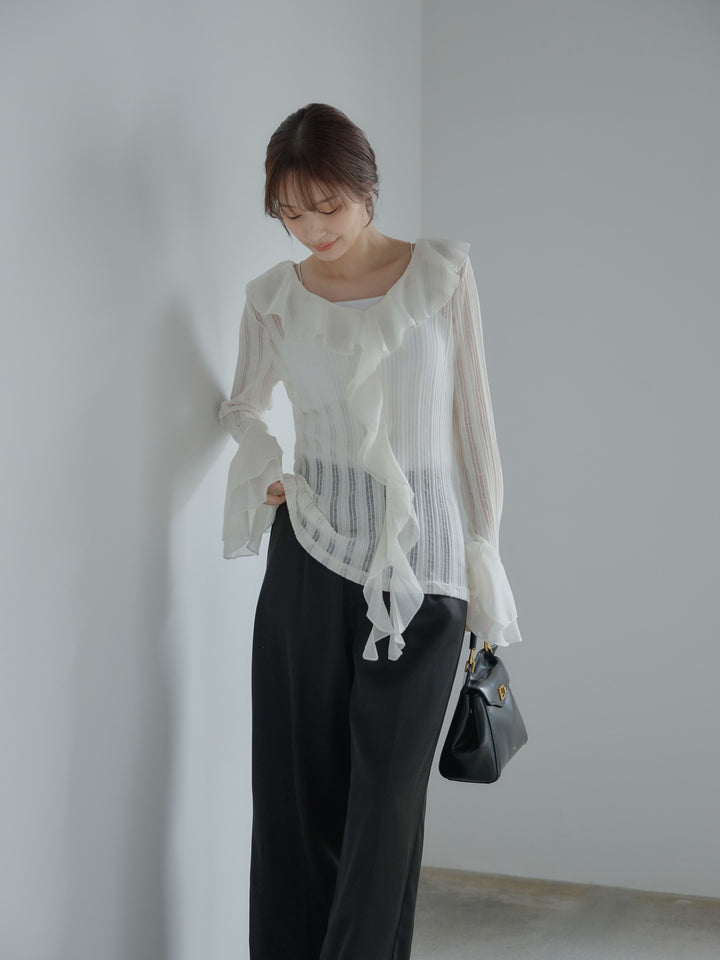 ストライプシアーラッフルトップス