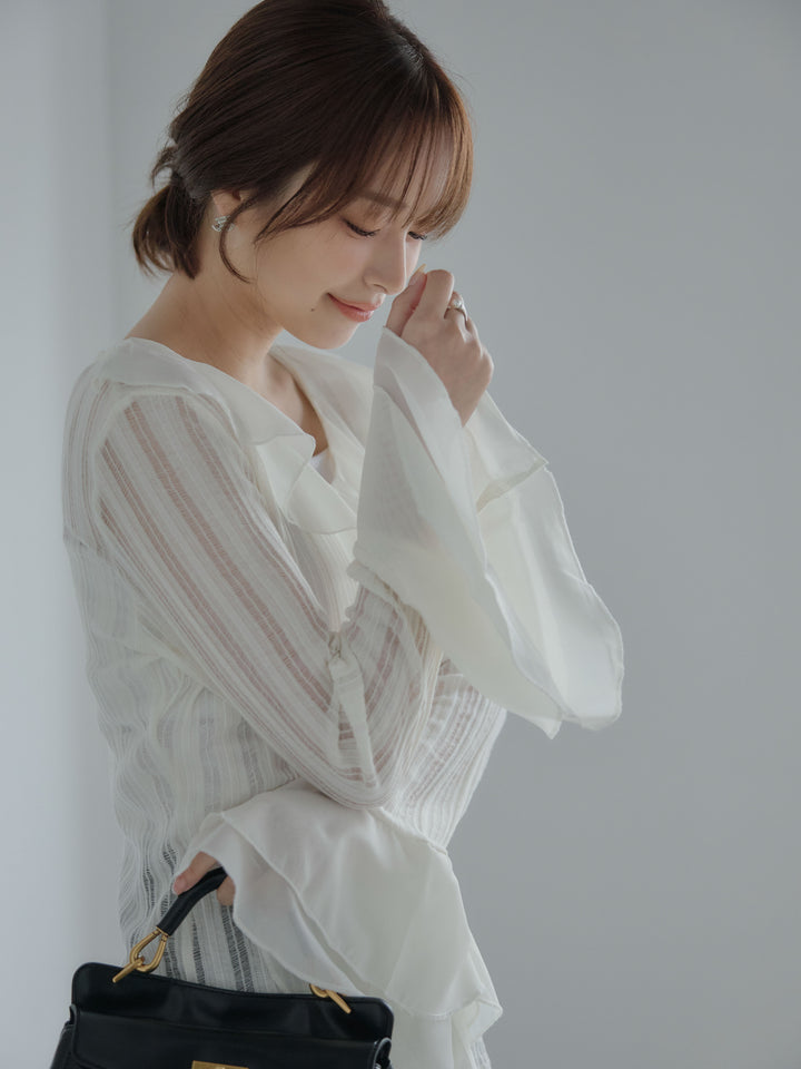 【SET】ストライプシアーラッフルトップス+【Essential】センタープレスサテンパンツ(2set)