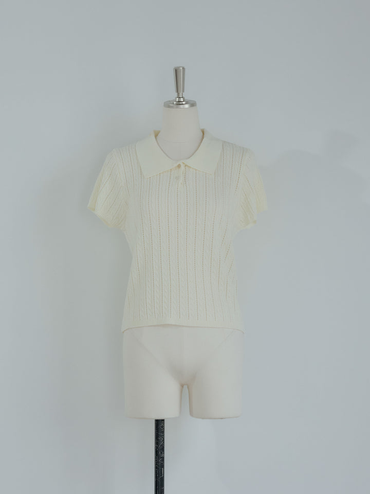 デザイン編み襟付き半袖ニットトップス