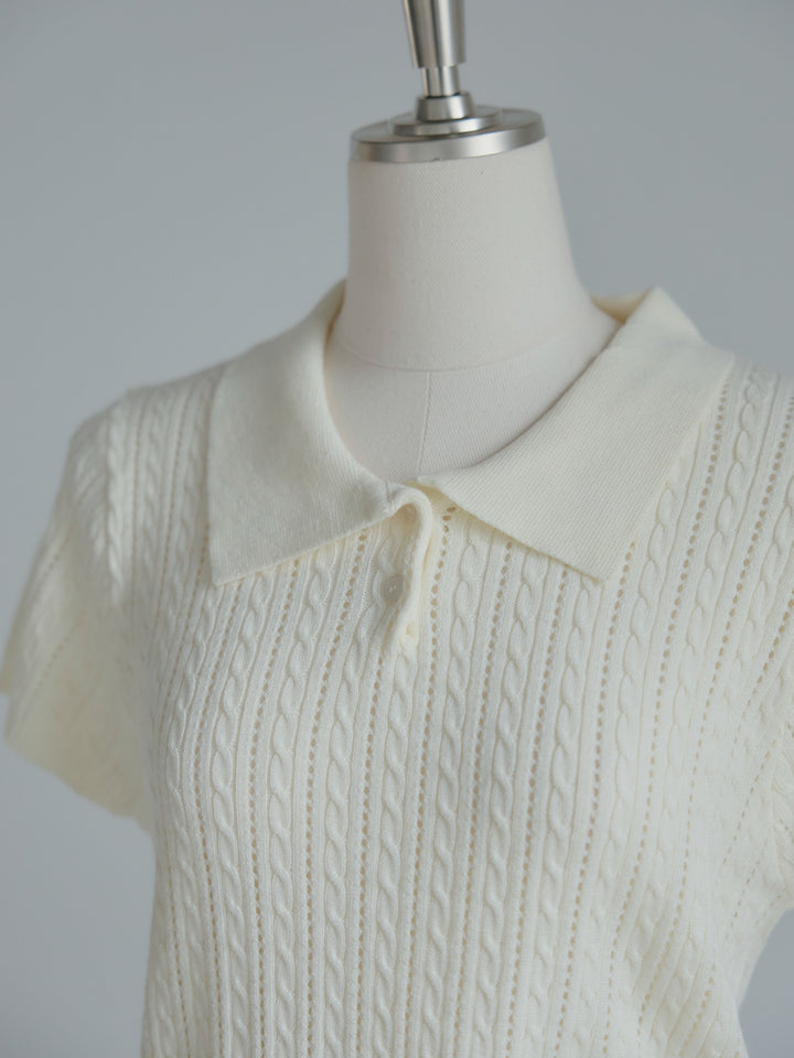 デザイン編み襟付き半袖ニットトップス