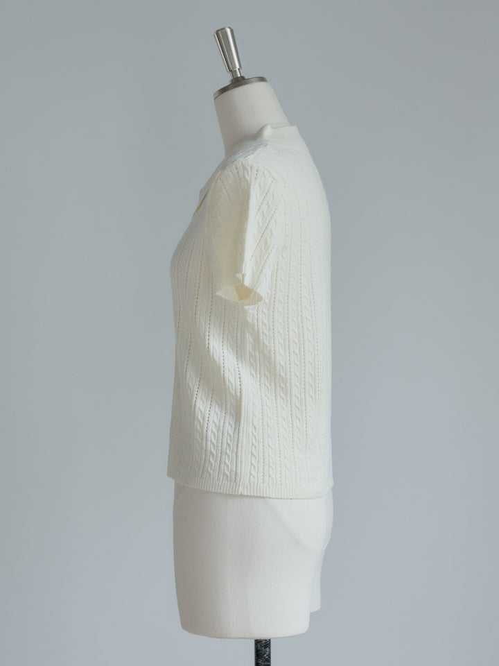 デザイン編み襟付き半袖ニットトップス