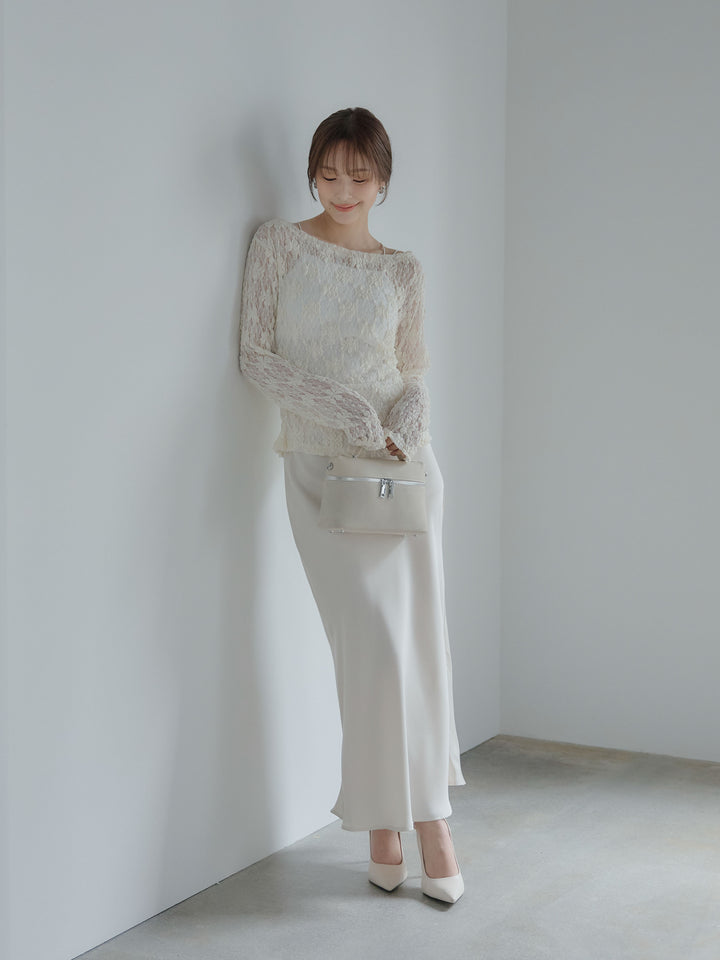 【SET】サイドギャザーフラワージャガードシアーカットソー+ライトサテンナロースカート(2set)