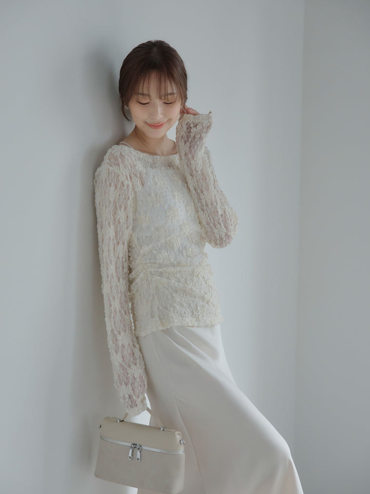 サイドギャザーフラワージャガードシアーカットソー