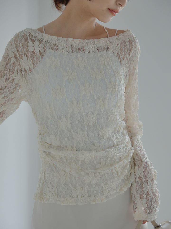 サイドギャザーフラワージャガードシアーカットソー