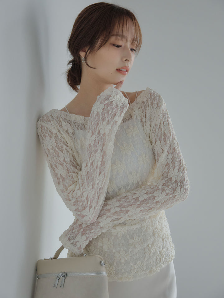 サイドギャザーフラワージャガードシアーカットソー