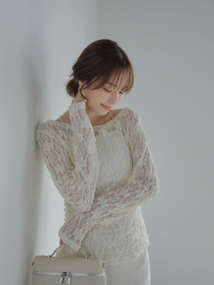 サイドギャザーフラワージャガードシアーカットソー