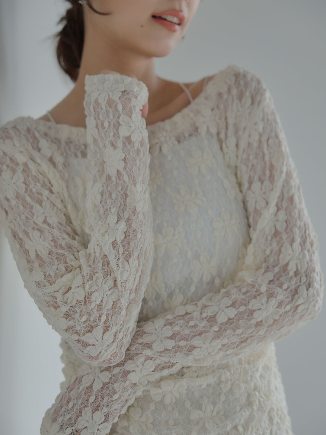 【SET】サイドギャザーフラワージャガードシアーカットソー+ライトサテンナロースカート(2set)