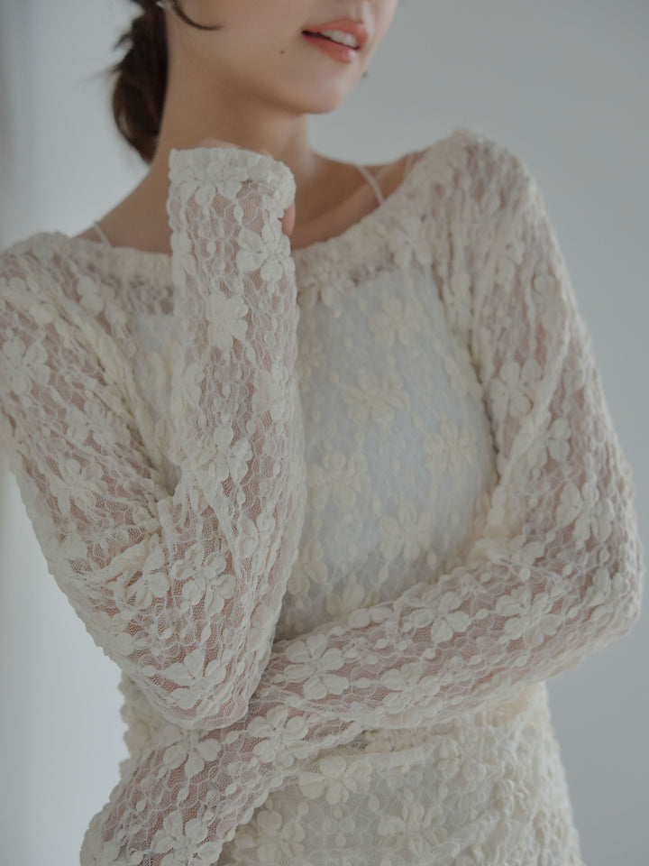 【SET】サイドギャザーフラワージャガードシアーカットソー+ライトサテンナロースカート(2set)