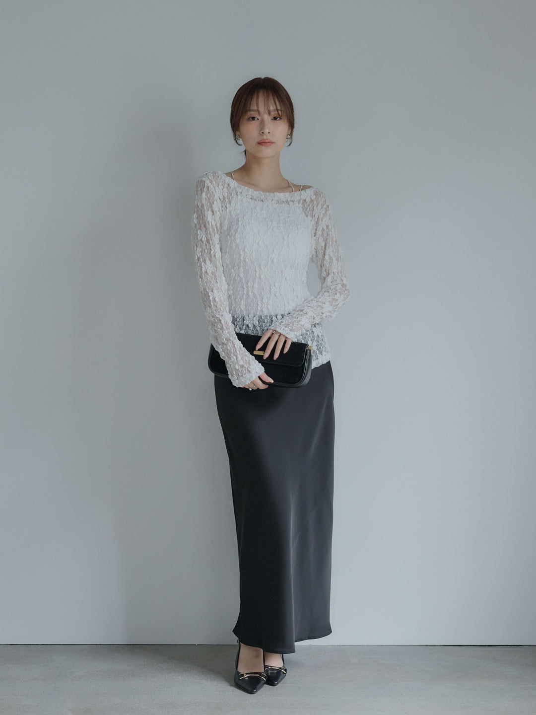 サイドギャザーフラワージャガードシアーカットソー