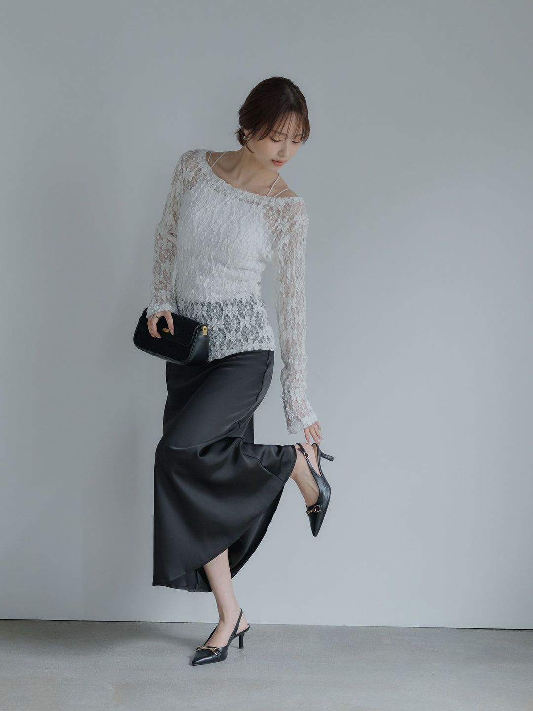 サイドギャザーフラワージャガードシアーカットソー