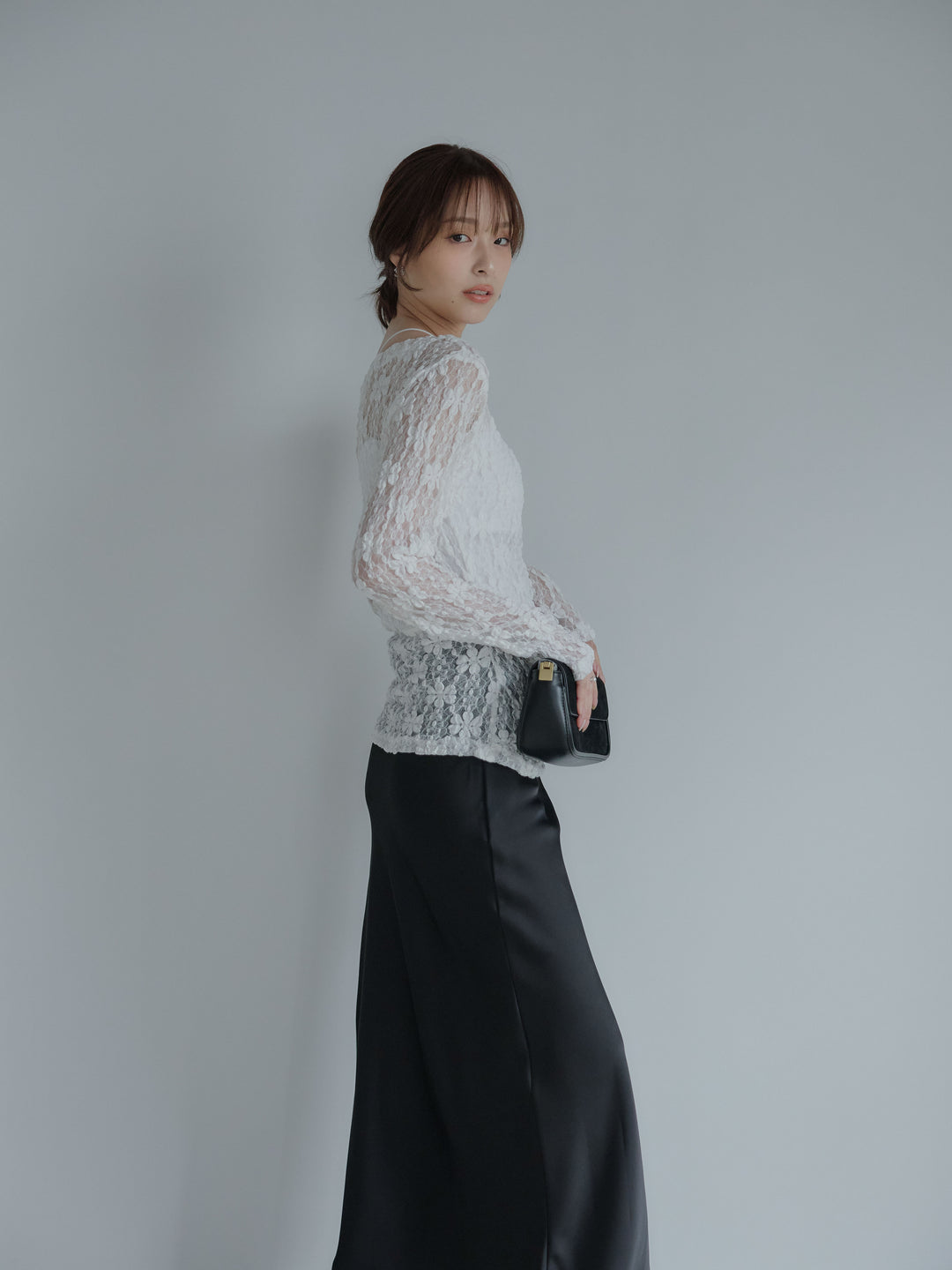 サイドギャザーフラワージャガードシアーカットソー