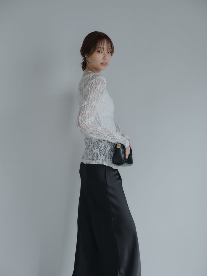 サイドギャザーフラワージャガードシアーカットソー