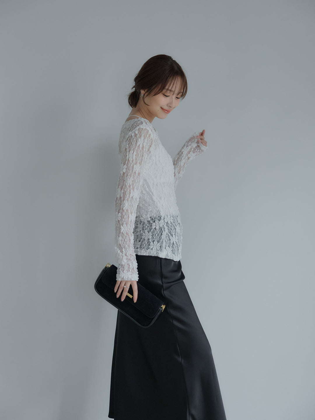 【SET】サイドギャザーフラワージャガードシアーカットソー+ライトサテンナロースカート(2set)