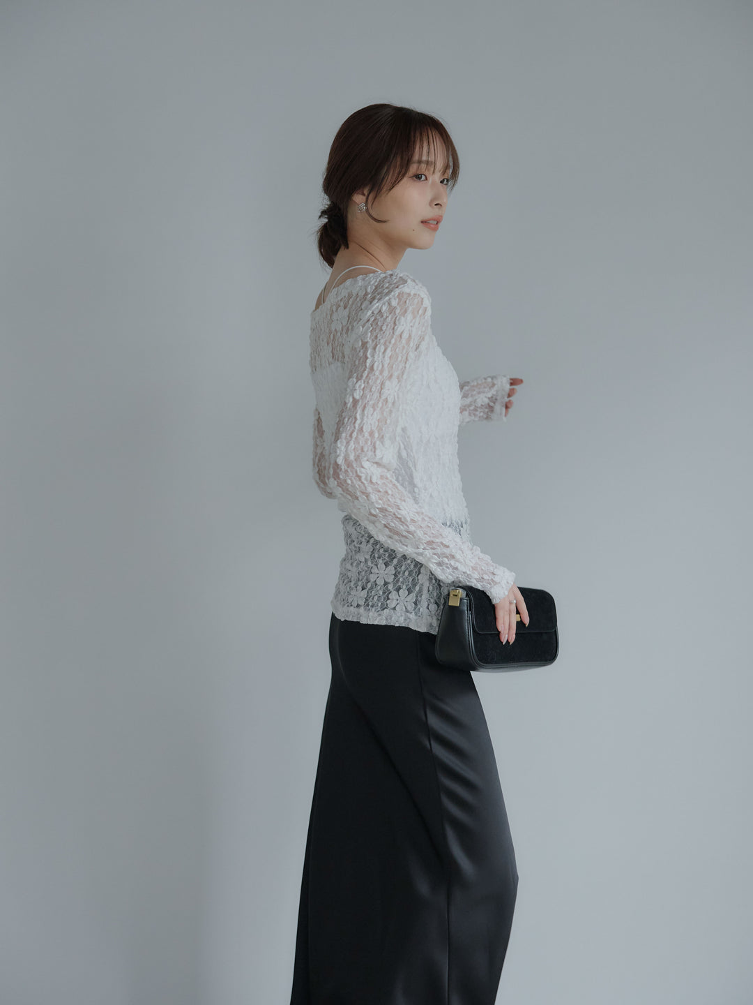 サイドギャザーフラワージャガードシアーカットソー