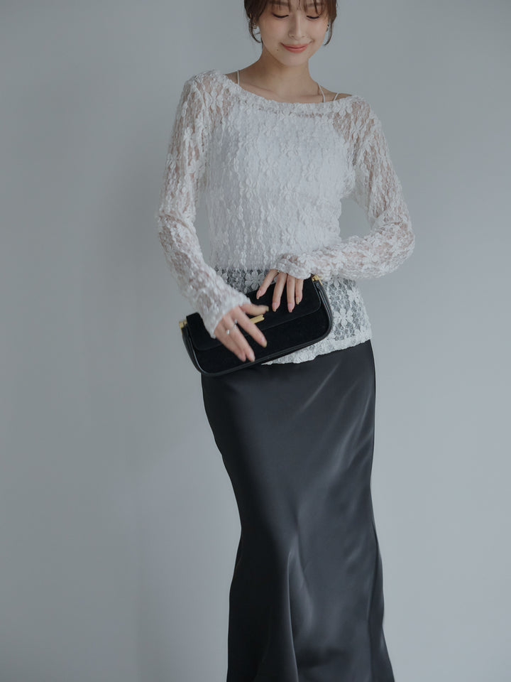 【SET】サイドギャザーフラワージャガードシアーカットソー+ライトサテンナロースカート(2set)