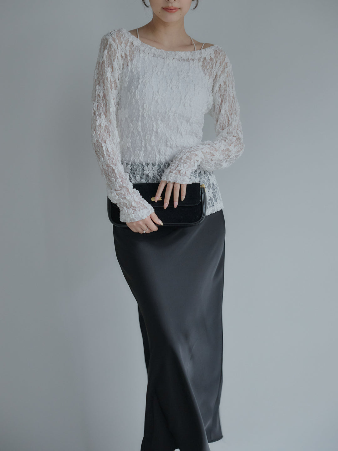 【SET】サイドギャザーフラワージャガードシアーカットソー+ライトサテンナロースカート(2set)