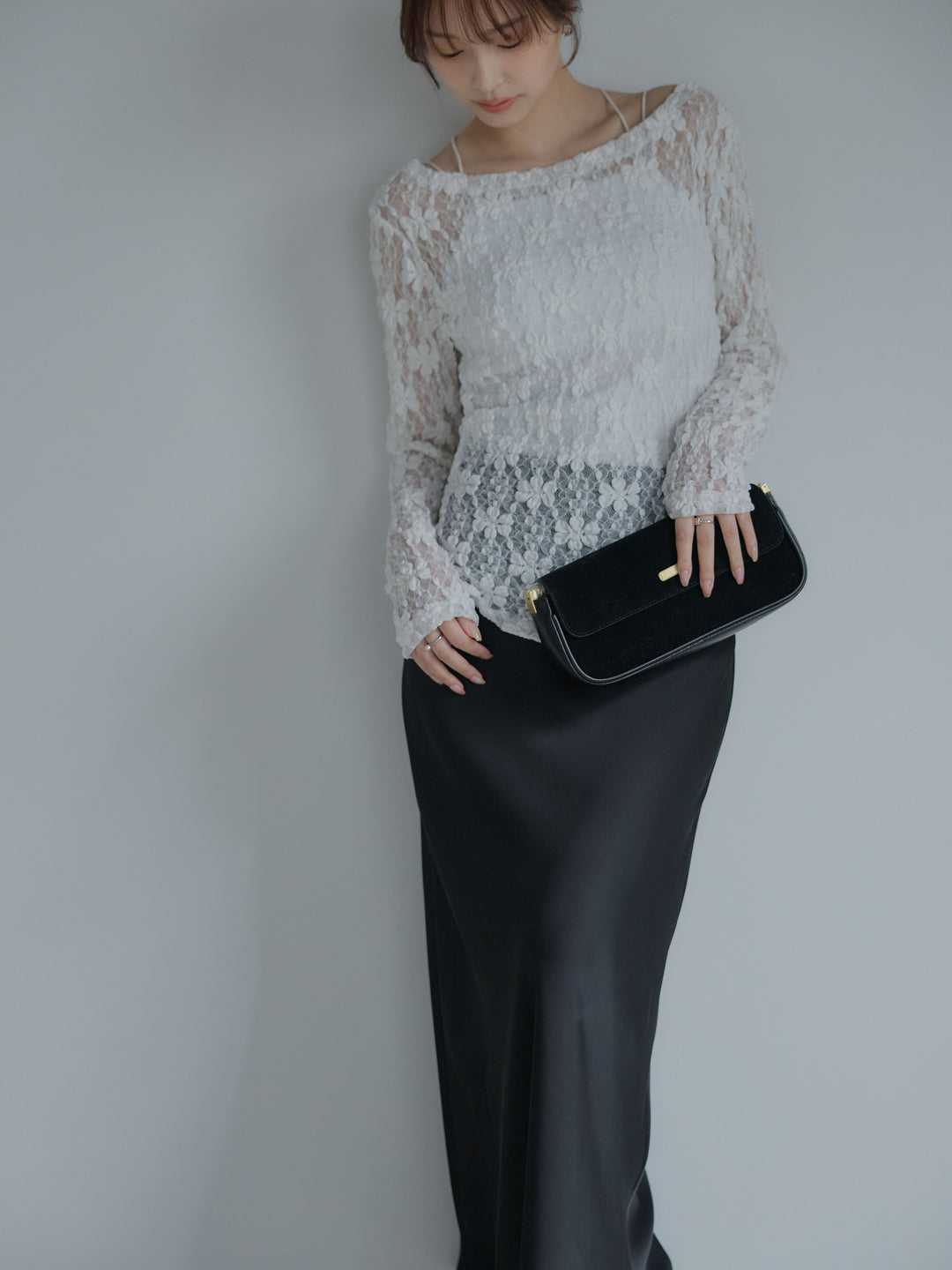 サイドギャザーフラワージャガードシアーカットソー