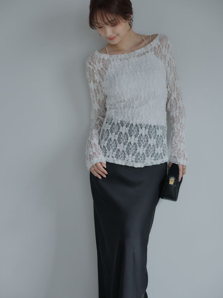 サイドギャザーフラワージャガードシアーカットソー