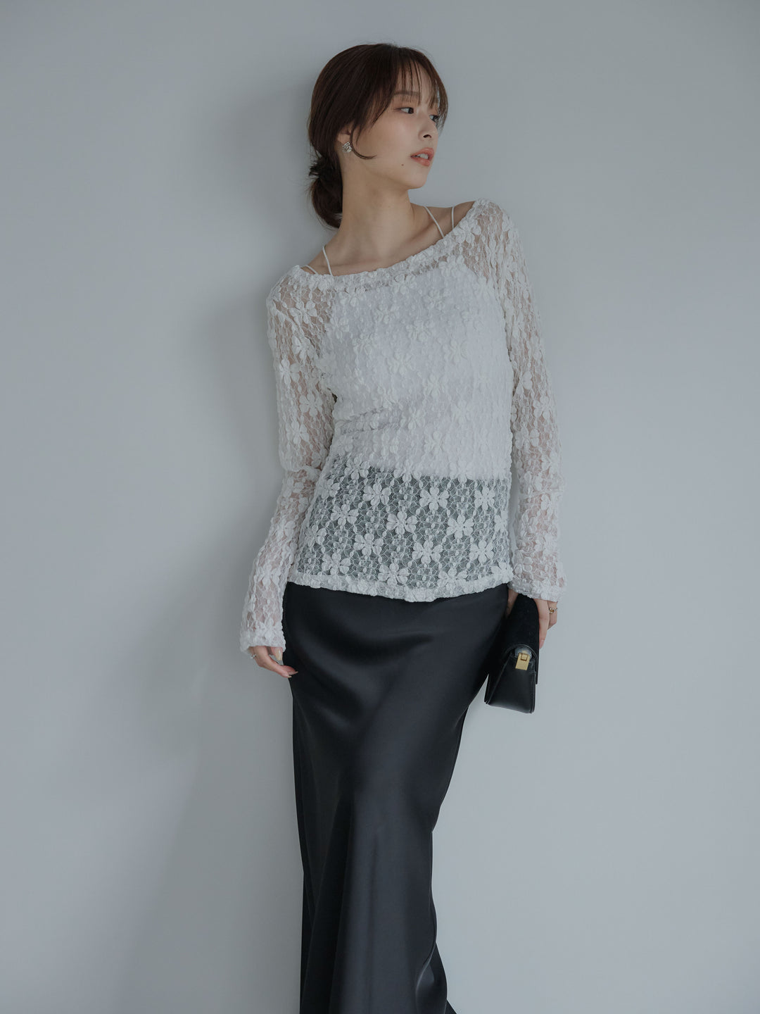 サイドギャザーフラワージャガードシアーカットソー