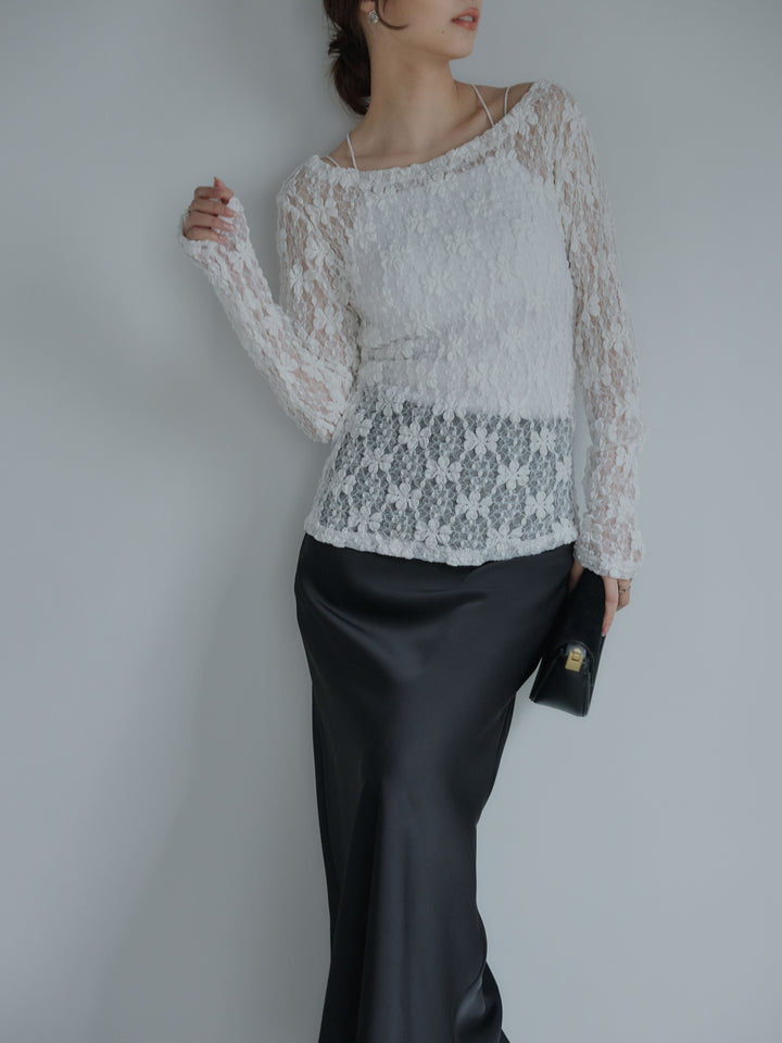 サイドギャザーフラワージャガードシアーカットソー