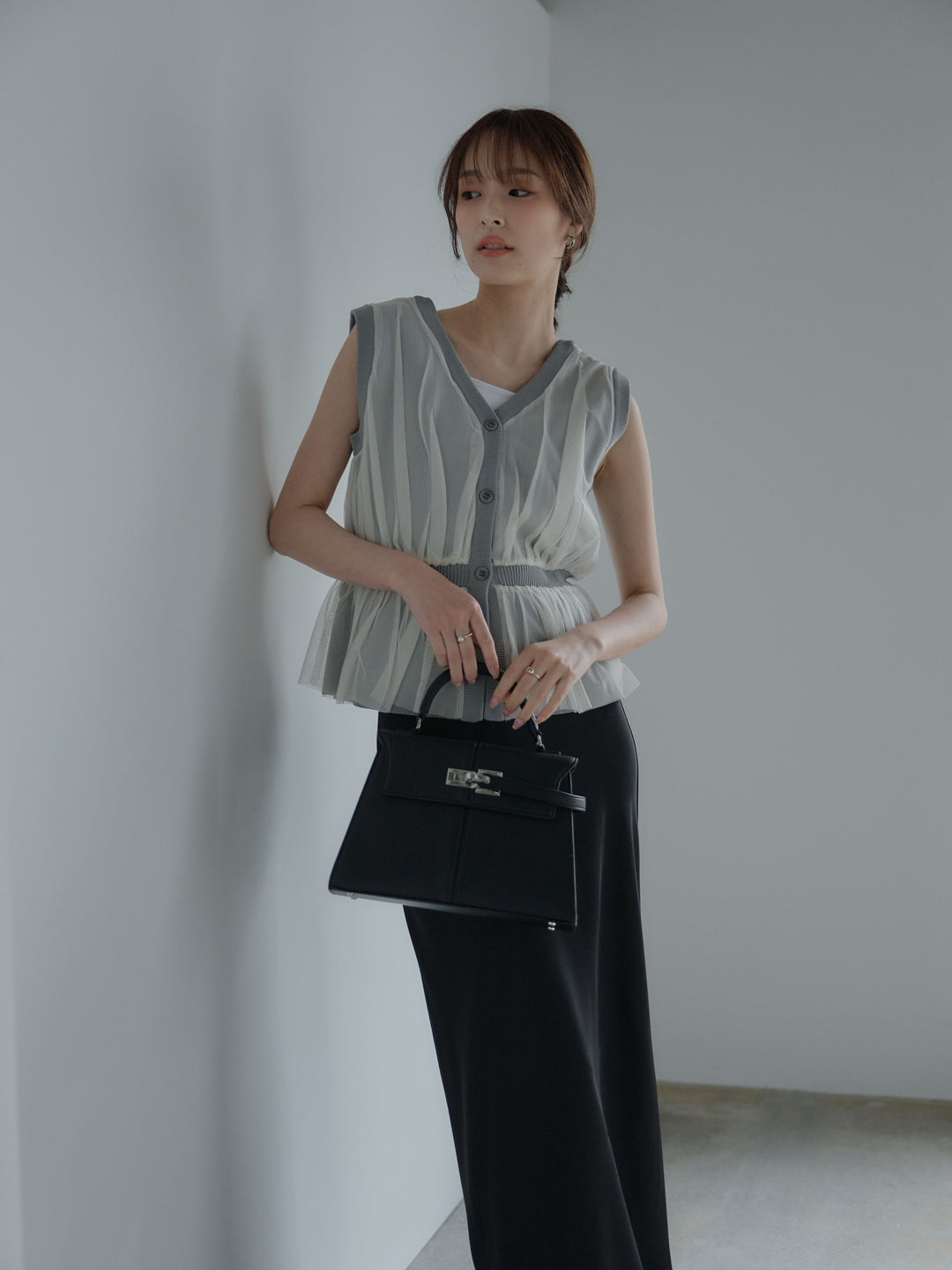 チュールドッキングペプラムトップス