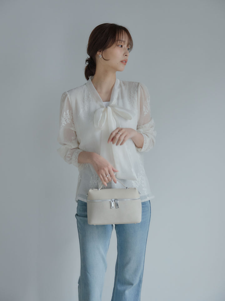 【SET】リーフ刺繍ボウタイブラウス+美ラインストレッチフレアデニム(2set)