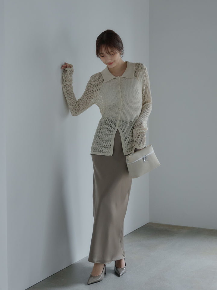麻タッチ襟付きカーディガン