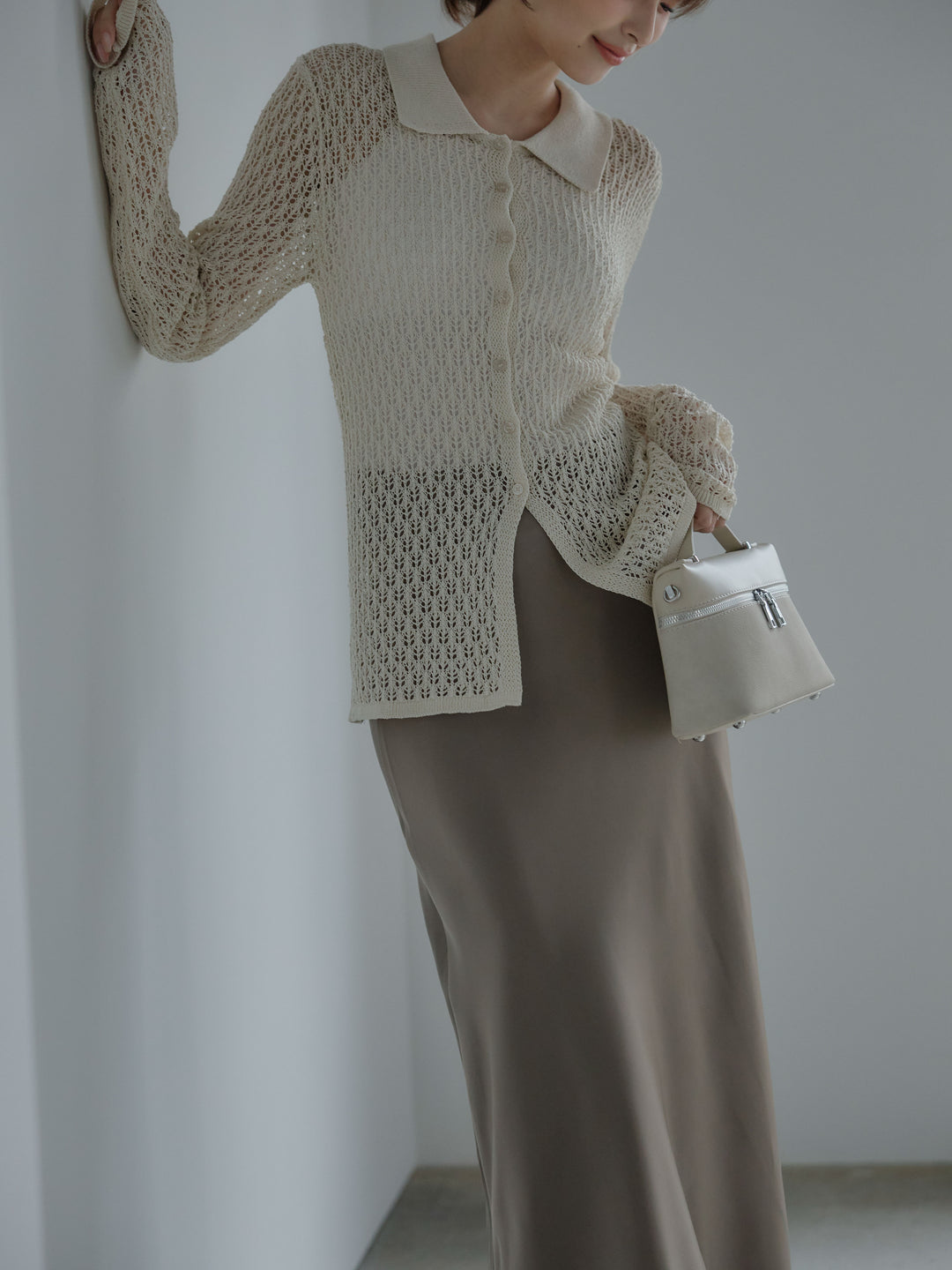 麻タッチ襟付きカーディガン