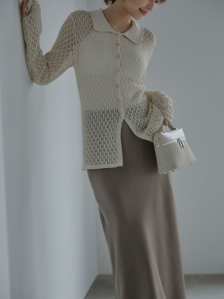 麻タッチ襟付きカーディガン