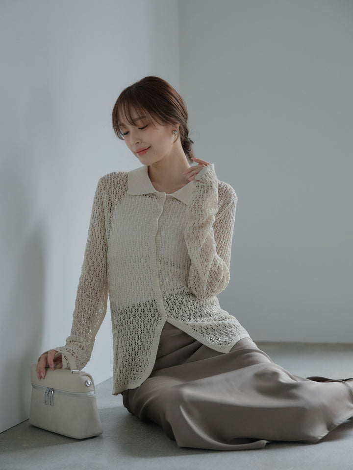 麻タッチ襟付きカーディガン