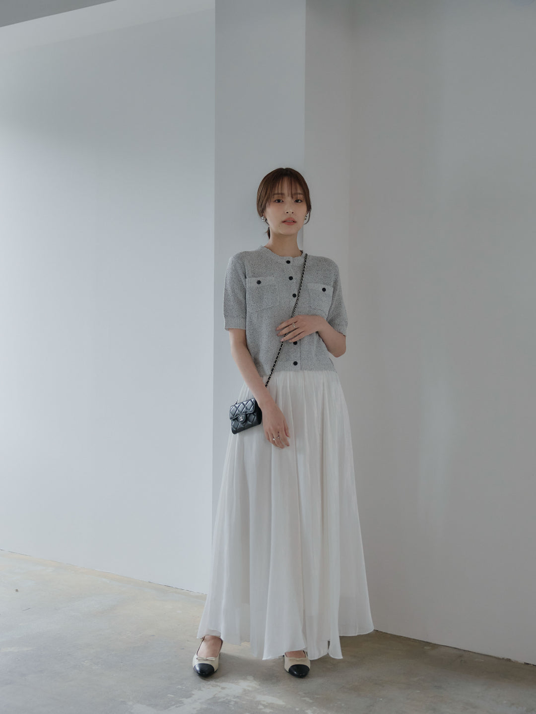 【SET】フロントポケットハーフスリーブカーディガン+グロッシーフレアスカート(2set)