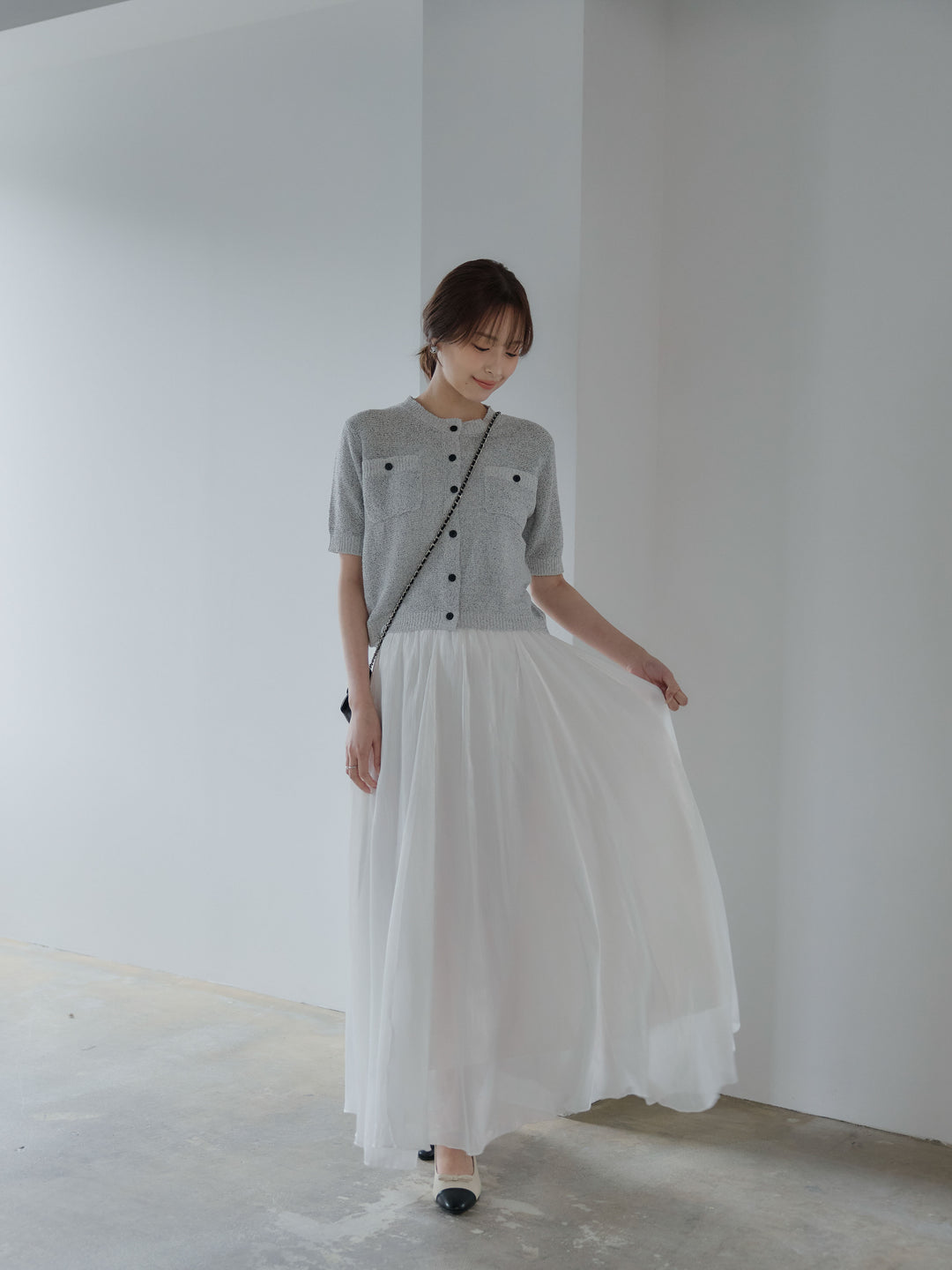 【SET】フロントポケットハーフスリーブカーディガン+グロッシーフレアスカート(2set)