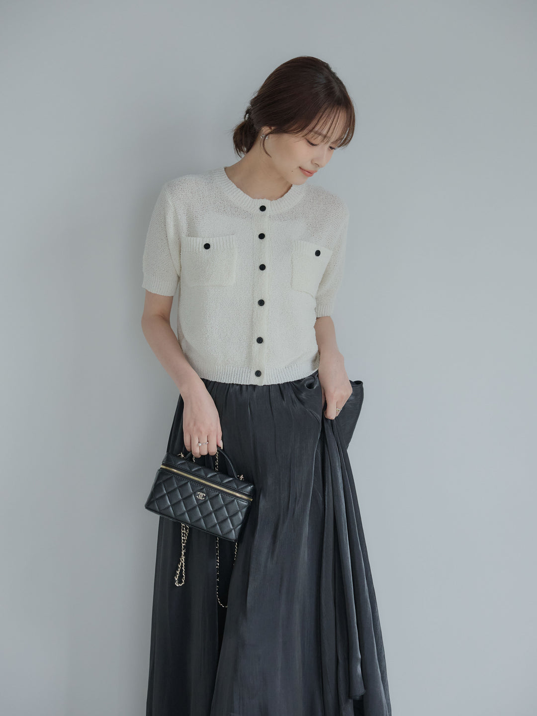 【SET】フロントポケットハーフスリーブカーディガン+グロッシーフレアスカート(2set)