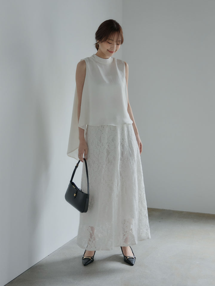 【SET】バックデザインサテンノースリーブトップス+フラワージャガードソフトAラインスカート(2set)