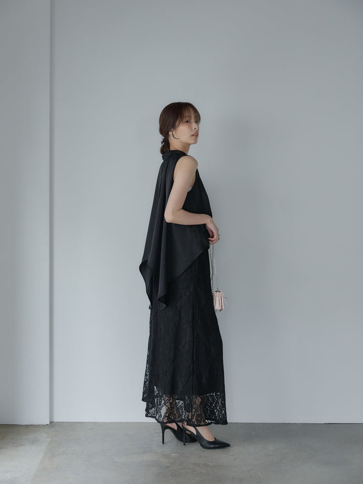 【SET】バックデザインサテンノースリーブトップス+フラワージャガードソフトAラインスカート(2set)