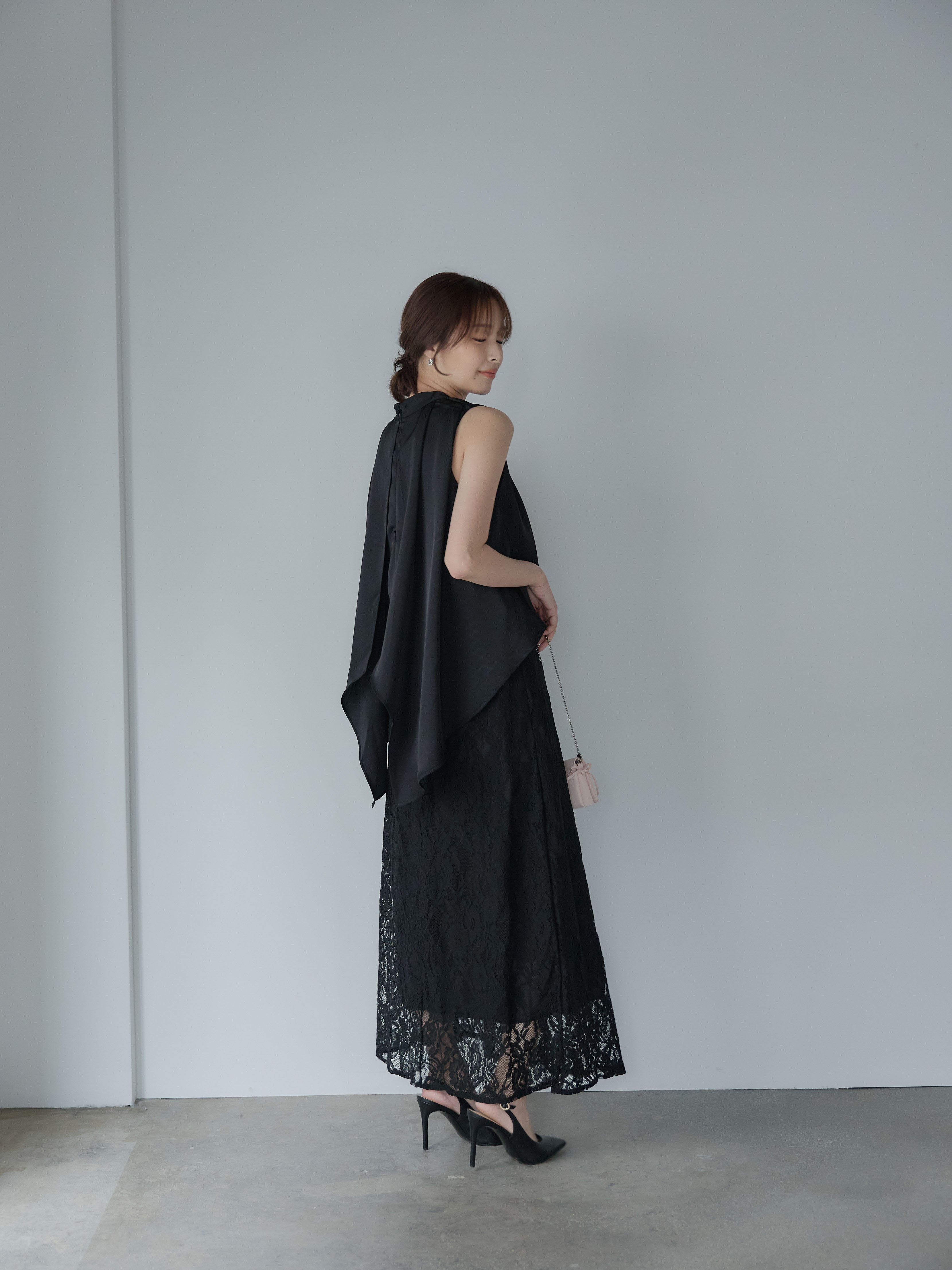 SET】バックデザインサテンノースリーブトップス+フラワージャガード