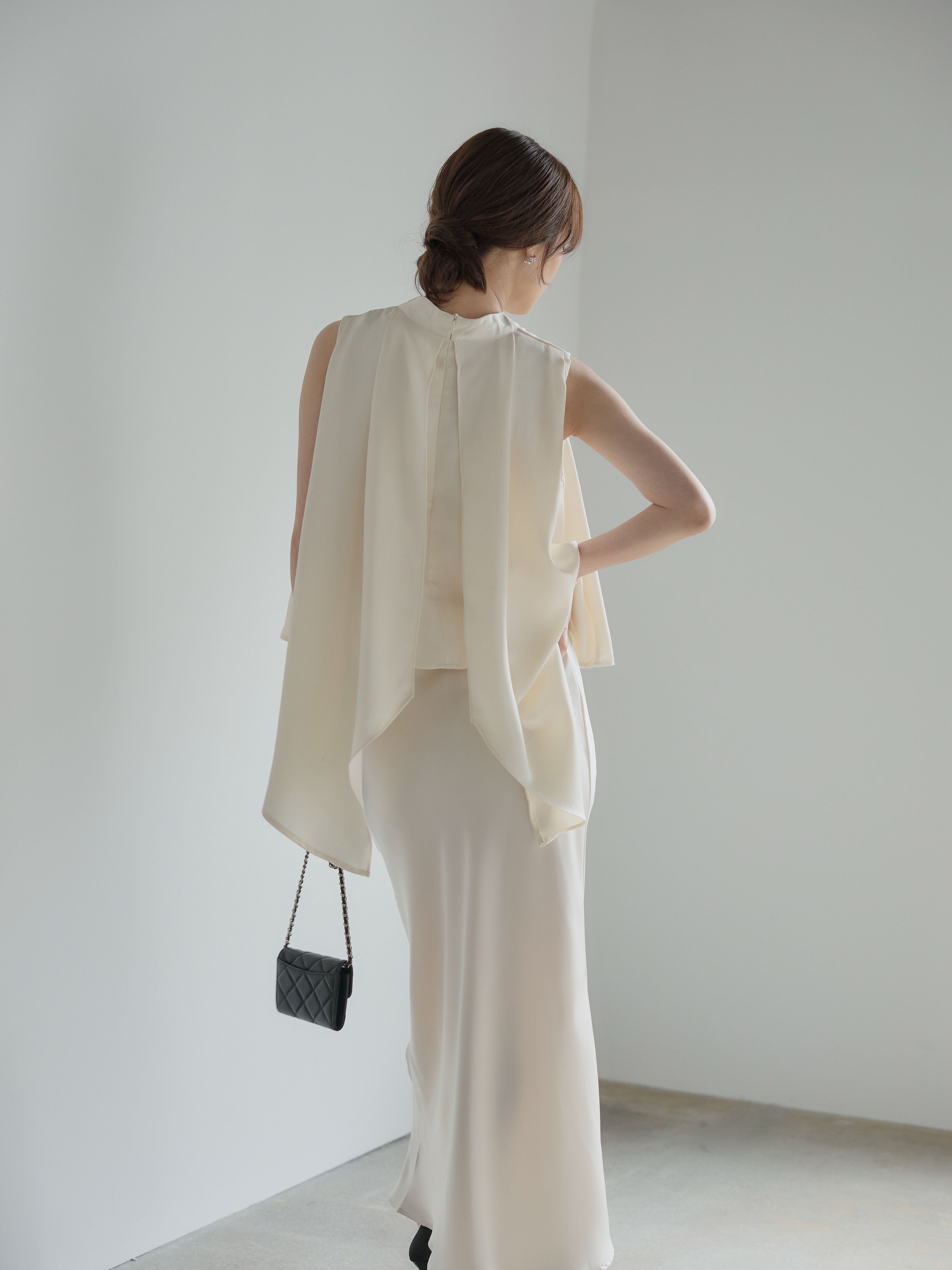 SET】バックデザインサテンノースリーブトップス+ライトサテンナロー