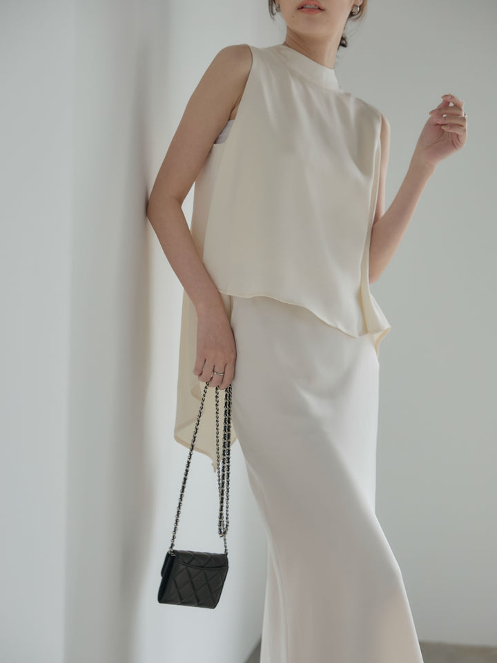 【SET】バックデザインサテンノースリーブトップス+ライトサテンナロースカート(2set)