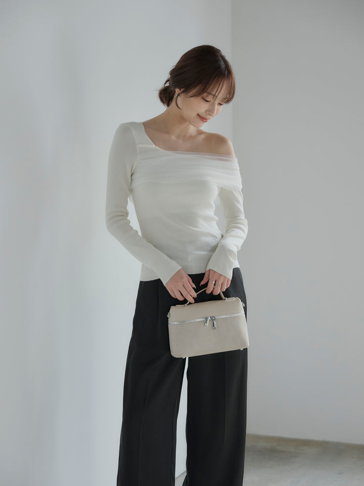 チュールドッキングワンショルニットトップス