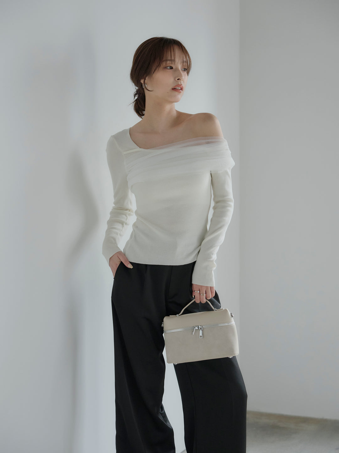 チュールドッキングワンショルニットトップス