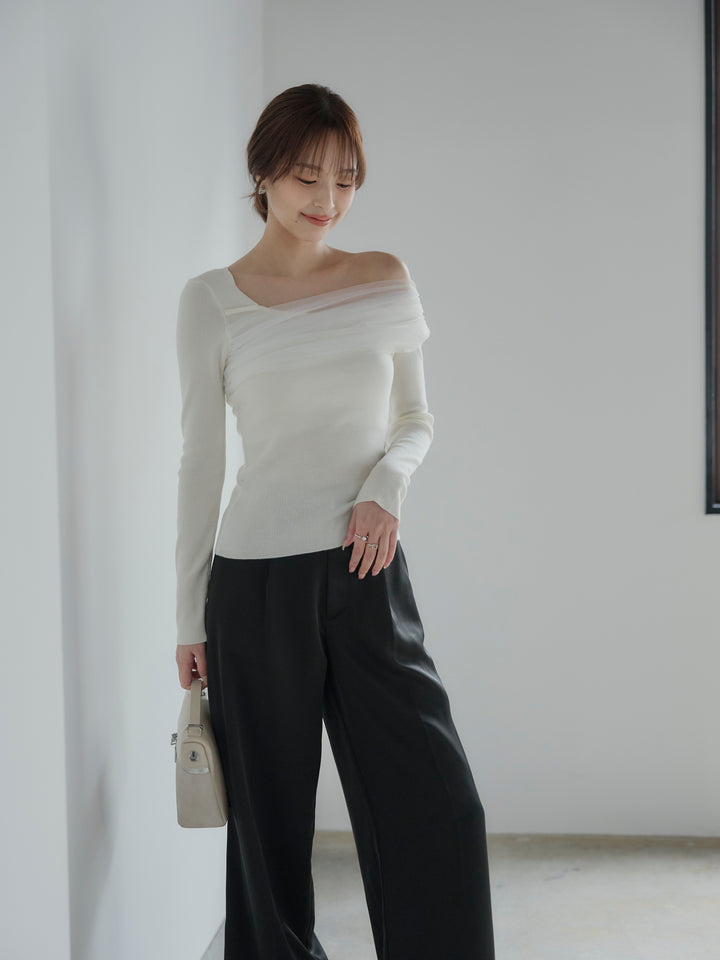 チュールドッキングワンショルニットトップス