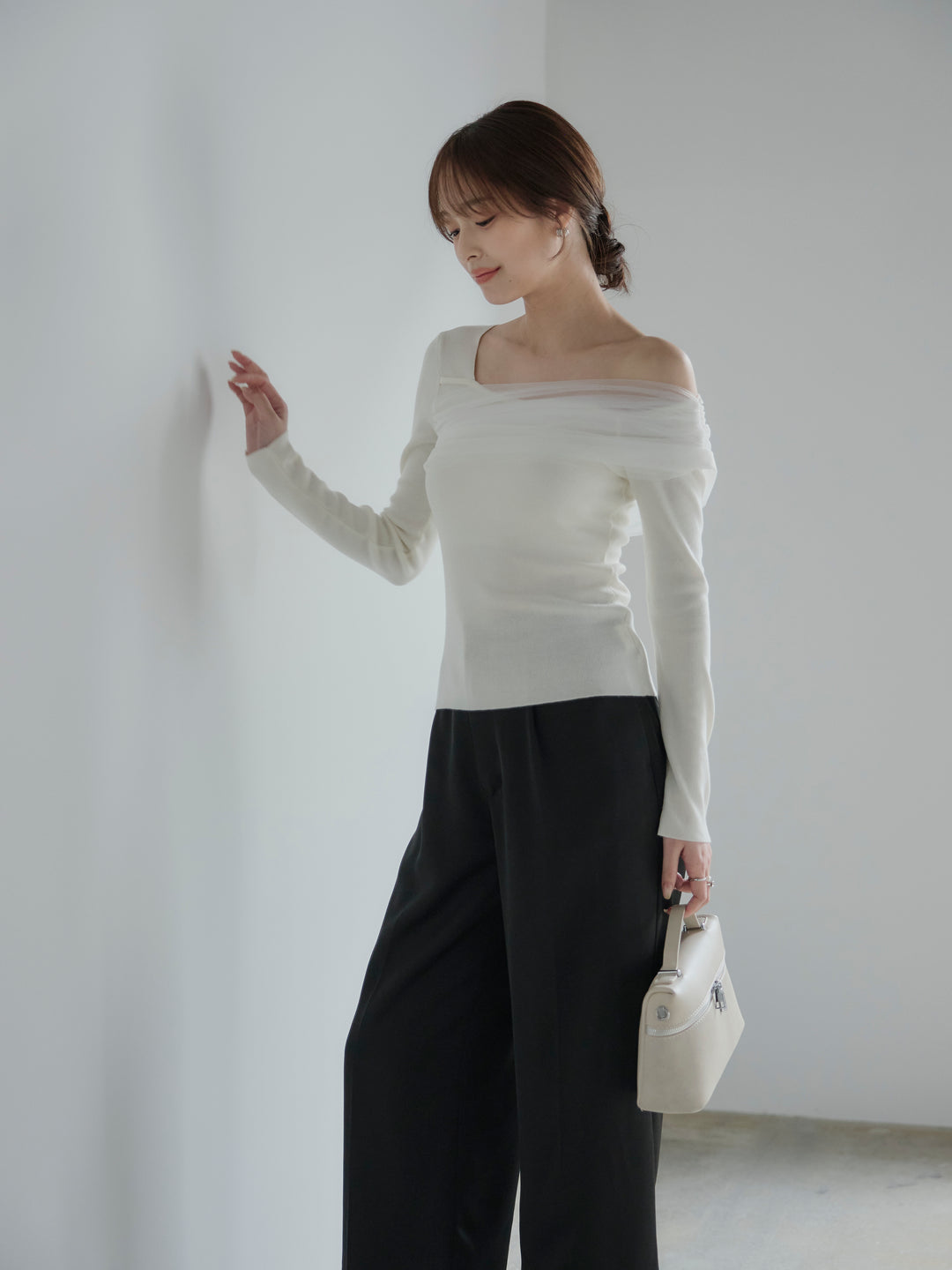 チュールドッキングワンショルニットトップス