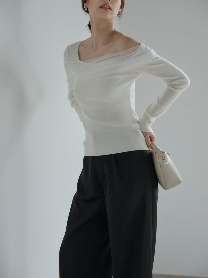 チュールドッキングワンショルニットトップス