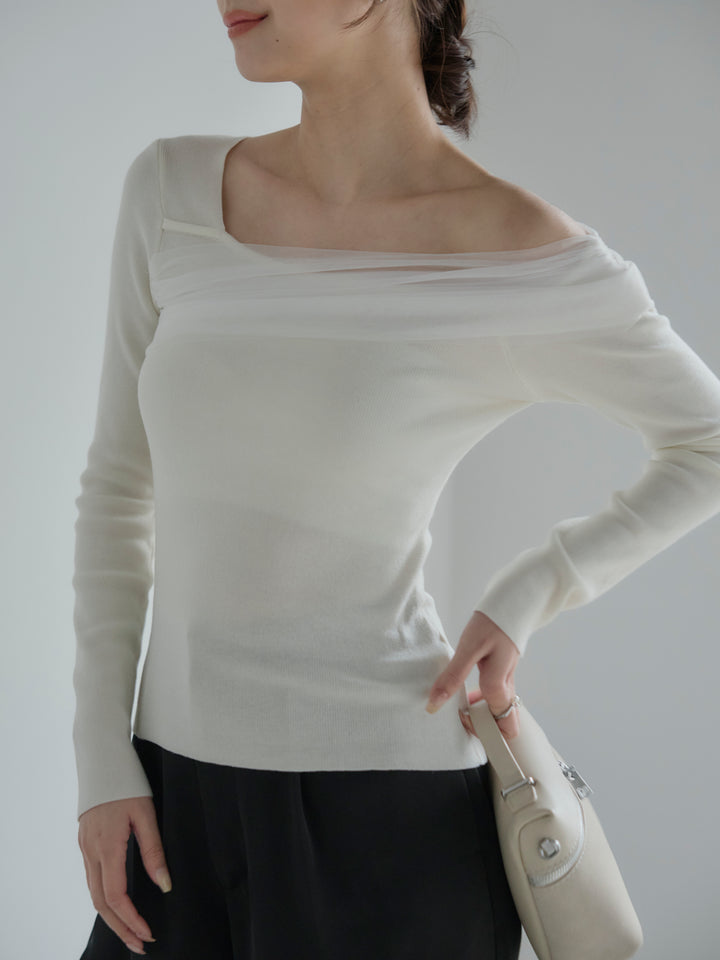 チュールドッキングワンショルニットトップス