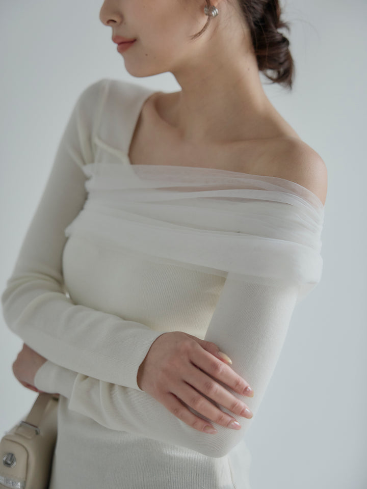 チュールドッキングワンショルニットトップス