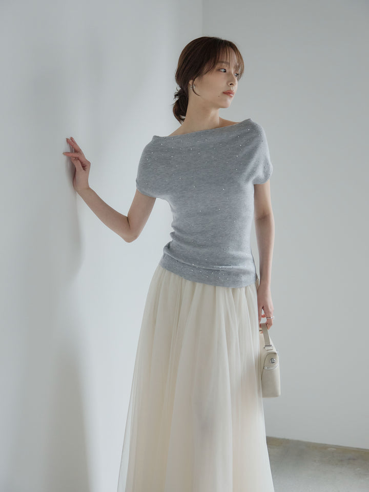 【SET】グリッターボートネックノースリニットトップス+ボリュームチュールスカート(2set)